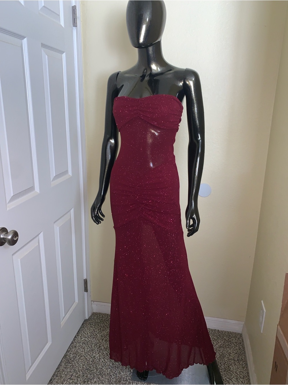 Blue Blush Strapless Burgundy Glitter Dress